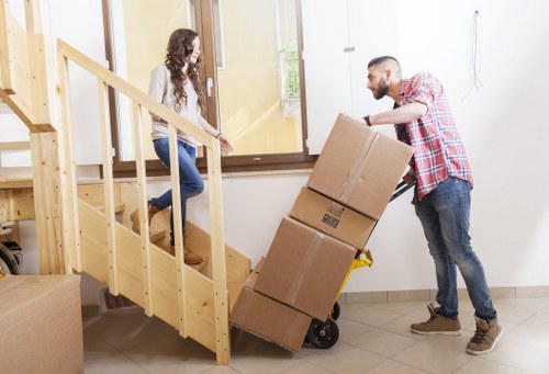 Business relocation setup with boxes and office furniture