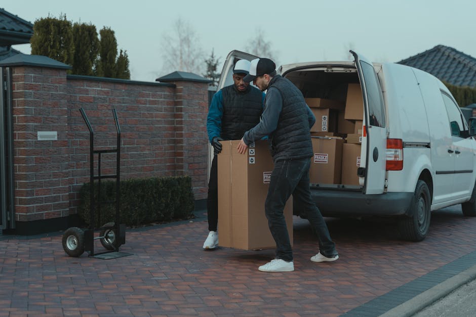 Two men are engaged in a house removal process outside a residential property, with one assisting the other in lifting a large cardboard box onto a hand trolley. They are positioned on a paved driveway near a white moving van with its rear doors open, revealing numerous packed boxes inside. The man on the left, wearing a blue and black jacket with gloves, is observing as the man on the right, dressed in a dark vest and jeans, maneuvers the box. The trolley is placed on the ground nearby, ready for transport. The setting includes a brick boundary wall and some trees in the background, under natural daylight, indicating a home relocation or furniture transport operation managed by Man with a Van Kingston Vale, a company specialising in removals and moving services.